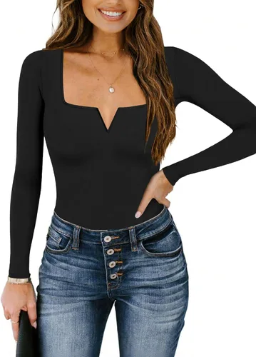 Vista 3 de Chunpin Body de manga larga para mujer, cuello cuadrado, muesca, cuello en V, traje de cuerpo de doble forro para salir, trajes de tanga Slim Fit