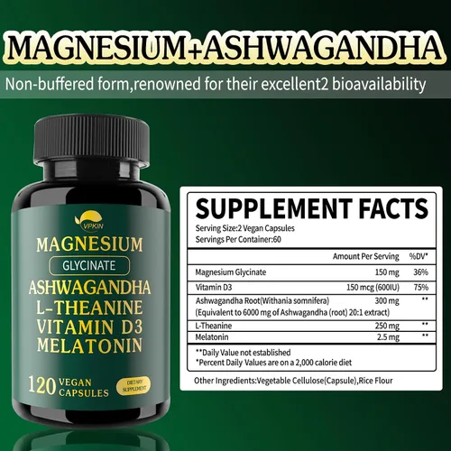 Vista 4 de VPKIN Suplemento de Ashwagandha de magnesio,Glicinato de magnesio,Melatonina, L-teanina más vitamina D3,Sin gluten,120 cápsulas