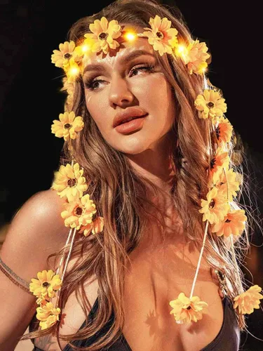 Vista 7 de GORTIN Diadema de girasol iluminada con flores de margarita, accesorios para el cabello hippie bohemio para mujer