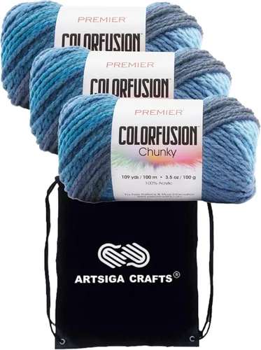 Vista 15 de Premier Yarns Colorfusion Chunky Autumn Sky 1174-02 (3 madejas) Same Dyelot Chunky Bulky #5 - Hilo de tejer suave 100% acrílico con 1 bolsa