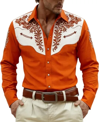 Vista 5 de Camisas occidentales para hombre, manga larga, con solapa bordada, color negro, vestido de festival para hombres, ropa vaquera, ropa floral