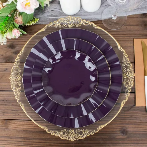 Vista 123 de Tableclothsfactory Paquete de 10 platos redondos de plástico negro de 6 pulgadas para ensalada de postre, platos desechables con borde ondulado