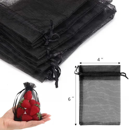 Vista 2 de 100 bolsas de organza – Bolsas de joyería de 4 x 6 pulgadas con cordón, malla negra para embalaje de regalo, fiesta, boda, festivo