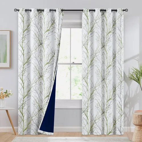 Vista 14 de FMFUNCTEX Cortinas 100% opacas para dormitorio, cortinas de ramas de árbol blanco y negro de 54 pulgadas de largo para sala de estar, cortinas