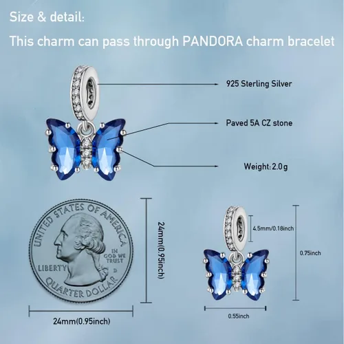 Vista 3 de Dijes de mariposa para pulseras, dijes colgantes de plata de ley 925 para pulseras y collares con circonitas cúbicas multicolor 5A, cumpleaños, día