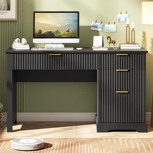 Vista 7 de Vabches Escritorio ejecutivo acanalado con cajones, escritorio de madera para computadora con amplio cajón de archivos, escritorio de oficina
