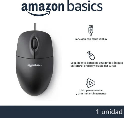 Vista 2 de AmazonBasics Ratón de computadora con cable USB de 3 botones (negro), paquete de 1