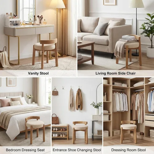 Vista 5 de DUOMAY Taburete de tocador de felpilla beige con respaldo bajo, altura del asiento de 18.75 pulgadas, otomana redonda tapizada, patas de goma