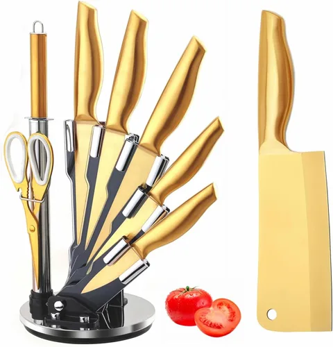 Vista 9 de Juego de cuchillos de cocina dorados con bloque, 8 cuchillos de chef de acero inoxidable de alto carbono con revestimiento de titanio dorado