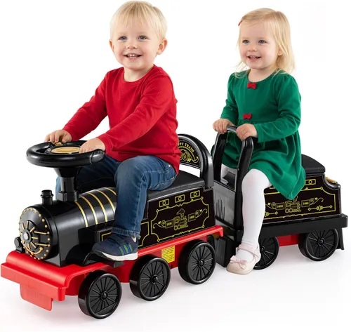 Vista 15 de OLAKIDS Kids Ride On Train with Track, 6V Electric Toy with Lights and Sounds, Retractable Footrest, Under Seat Storage, Christmas Theme Battery