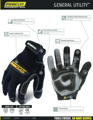 Vista 8 de Ironclad General Utility Work Gloves GUG, All-Purpose, Performance Fit, Durable, Machine Washable (1 Pair) Black