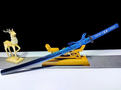 Vista 6 de Colección artesanal, espada katana hecha a mano, hoja y funda azules, azul horneado de acero 1095, espada samurai japonesa, espiga completa