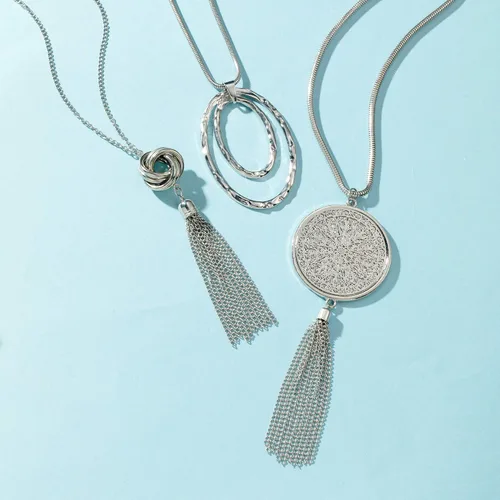 Vista 3 de SEVENSTONE Juego de 3 collares largos con colgante para mujer, diseño de nudo, disco, círculo, borla