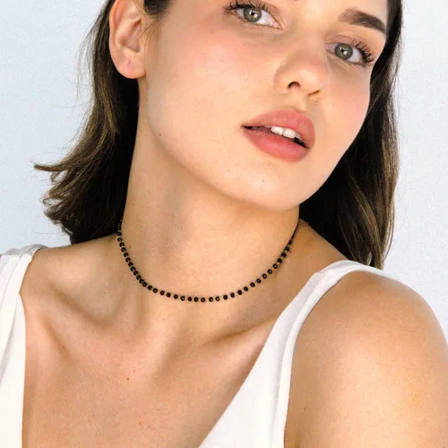 Vista 2 de POMINA Delicada gargantilla negra con cuentas de cristal, gargantilla de cuentas de cristal multifacéticas para mujer