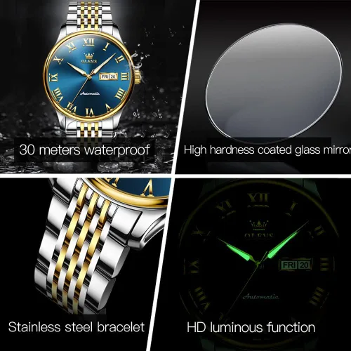 Vista 5 de OLEVS Relojes automáticos para hombre, cuerda automática, mecánico, de lujo, vestido de pulsera, acero inoxidable, impermeable, luminoso, fecha