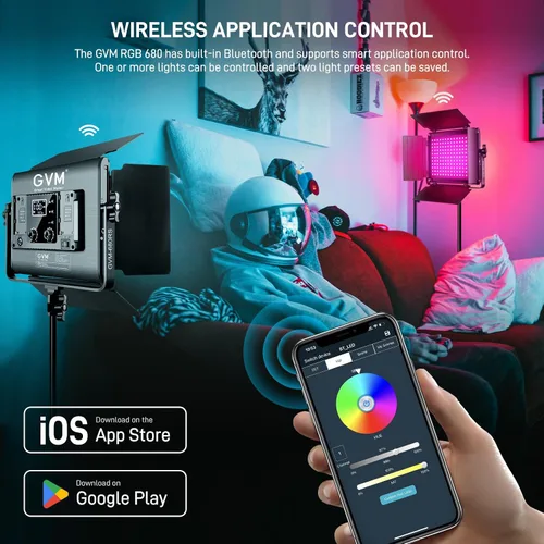 Vista 4 de GVM - Luz de video LED RGB con kits de iluminación, panel de luz LED 680RS 50W con control Bluetooth, 2 paquetes de iluminación de fotografía