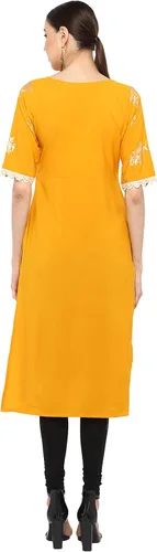 Vista 6 de Janasya Indian Women's Mustard Poly Crepe Foil Print Straight Kurta