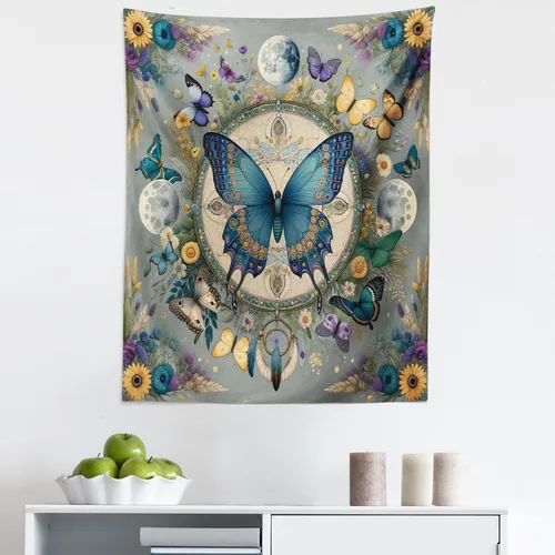 Vista 122 de Ambesonne Tapiz bohemio, diseño floral de bruja, luna y mariposa con adornos de mandala, decoración de tela para colgar en la pared para dormitorio