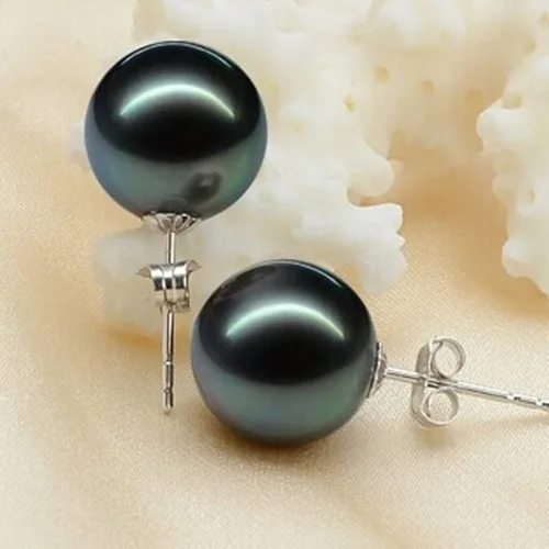 Vista 2 de Aretes de perlas negras para mujer, aretes de plata de ley