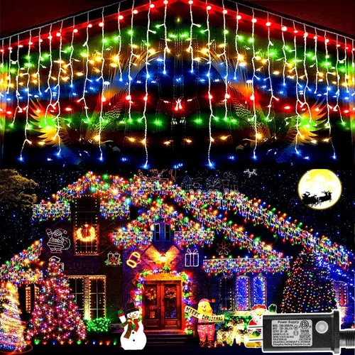 Vista 35 de Guirnalda de 400 luces LED con 75 gotas, de 33 pies, 8 modos de funcionamiento, de alambre transparente para decoración al aire libre, 400 modos