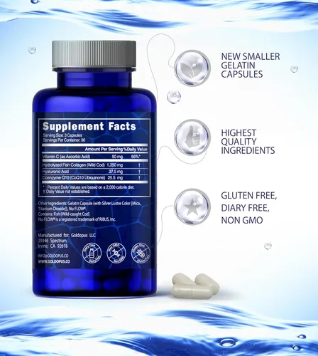 Vista 6 de Cápsulas de péptidos de colágeno marino con ácido hialurónico, coenzima Q10, vitamina C - Preservan la belleza y la juventud - Promueven la piel