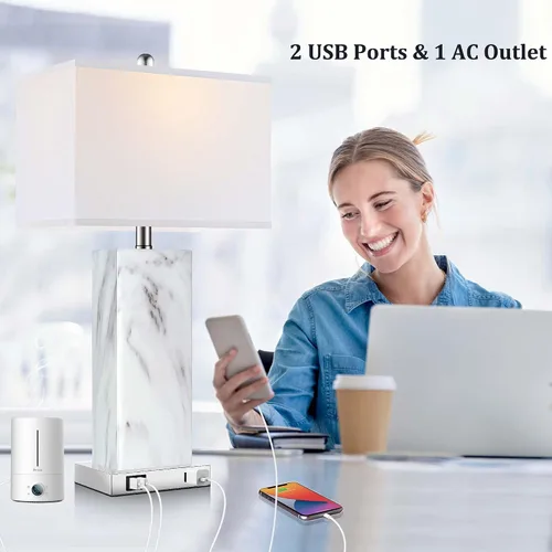 Vista 3 de Juego de 2 lámparas de mesa con control táctil, modernas lámparas de noche de cerámica con 2 puertos USB y 1 enchufe de CA, lámparas de mesita de 3