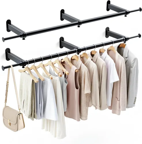 Vista 10 de Luxspire Perchero de ropa para montar en la pared, perchero de tubería industrial, barra de ropa de hierro extensible resistente de 28 pulgadas