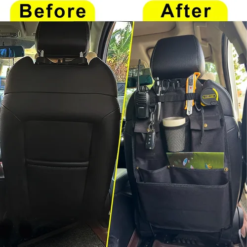Vista 6 de Organizador de respaldo de asiento de coche negro con múltiples bolsillos y ganchos