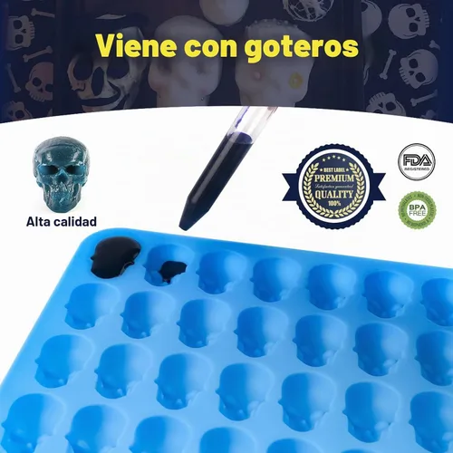 Vista 5 de Sidosir 4 moldes de chocolate con calavera de gomita, moldes de caramelo de calavera de gomita, moldes de silicona antiadherentes con 2 cuentagotas