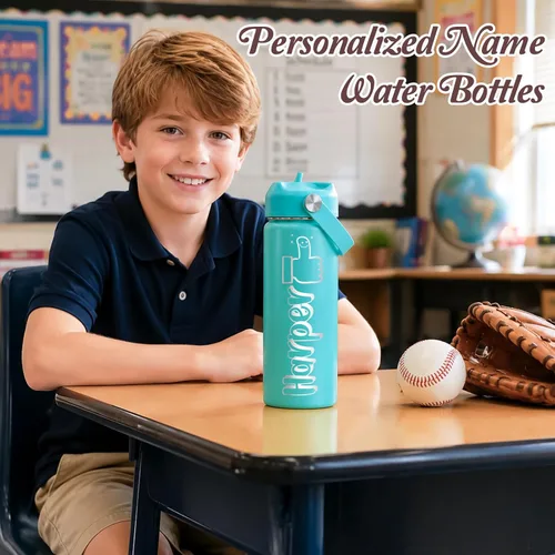 Vista 5 de Personalized 18oz Kids Water Bottle with Engraved Name Text Back to School Custom Stainless Steel Insulated Water Bottle for School, Personalized