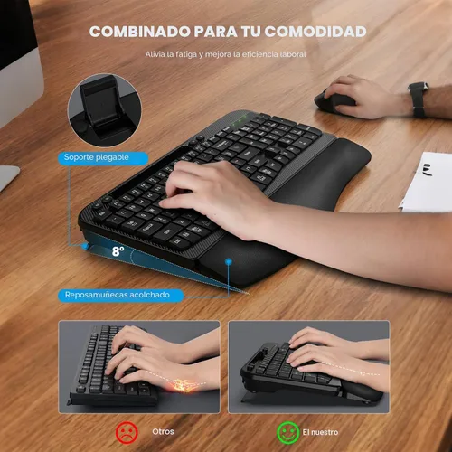 Vista 4 de Juego de teclado y mouse inalámbrico, teclas de onda de tamaño completo, teclado ergonómico con reposa muñecas acolchado, soporte para teléfono