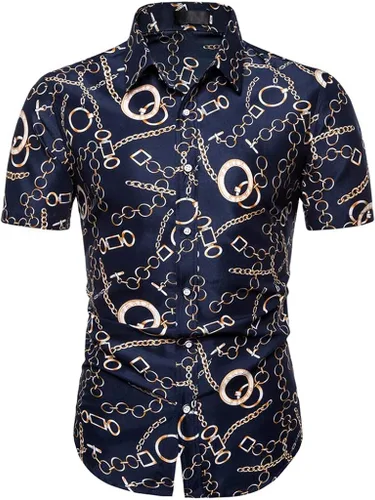 Vista 2 de XZNB Camisa hawaiana de manga corta para hombre con botones y estampado de verano para playa camisas de vestir con cuello vuelto azul marino L