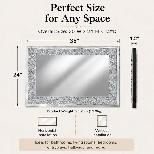 Vista 11 de SHYFOY Espejos de diamante triturado para decoración de pared, espejo decorativo rectangular de 35.4 x 23.6 pulgadas, grandes para sala de estar