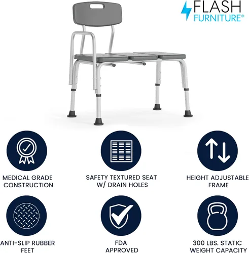 Vista 2 de Flash Furniture HERCULES Series - Banco de transferencia de baño y ducha gris ajustable con capacidad de 300 libras con respaldo y brazo lateral