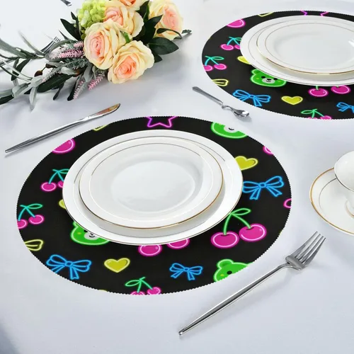 Vista 6 de Manteles individuales redondos de color negro a granel con oso de feliz cumpleaños para niños de 15 x 15 pulgadas individuales para mesa de comedor