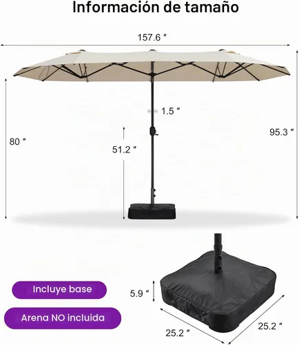 Vista 7 de PURPLE LEAF - Sombrilla de mercado de patio de 13 pies con base rectangular doble cara, sombrilla de mesa para exteriores con manivela, 12 varillas