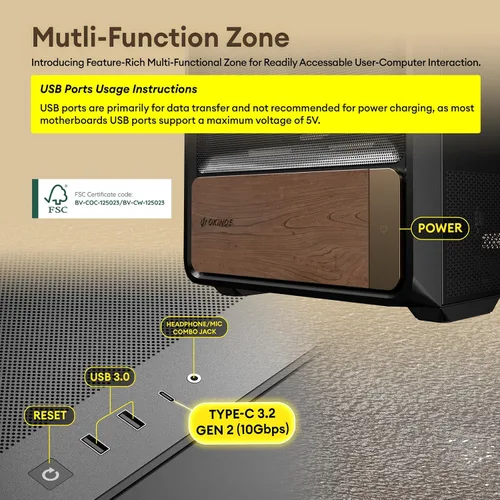 Vista 8 de Okinos Air Cross, Caja ATX de Madera de Nogal Genuina, Ventilador PWM de 3×140mm y Ventilador PWM Inverso de 2x120mm Preinstalado, Paneles de Malla