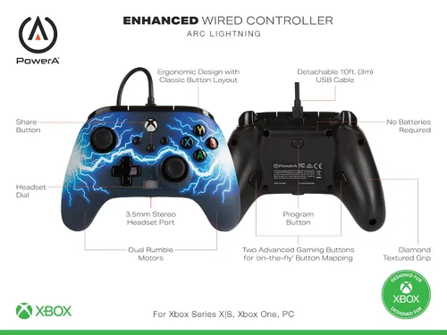 Vista 2 de PowerA Enhanced Wired Controller for Xbox Series X S - Arc Lightning, Officially Licensed for Xbox