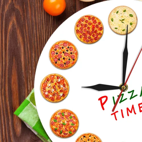 Vista 7 de The Geeky Days Diferentes gustos Pizza Time Reloj de pared de cuarzo silencioso moderno Italia sueños cocina decoración del hogar estilo napolitano