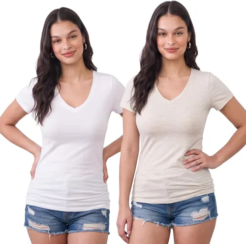 Vista 205 de Emmalise Camiseta de manga corta para mujer, cuello en V, tallas junior y plus
