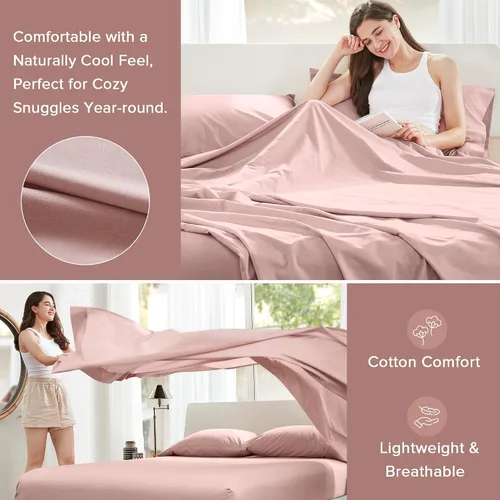 Vista 80 de Comfort Spaces Sábanas 100% algodón tamaño King, transpirables y ultra suaves, sábanas de algodón naturalmente fresco con bolsillo elástico de 14