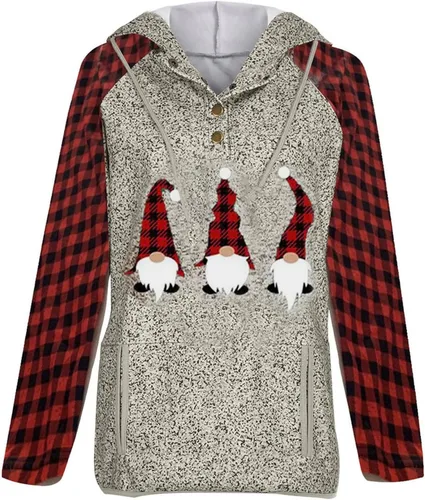 Vista 3 de Women's Long Sleeve Xmas Sweatshirt Plaid Raglan Hooded Tops Patchwork Christmas Pullover Hoodies Autumn Tops
