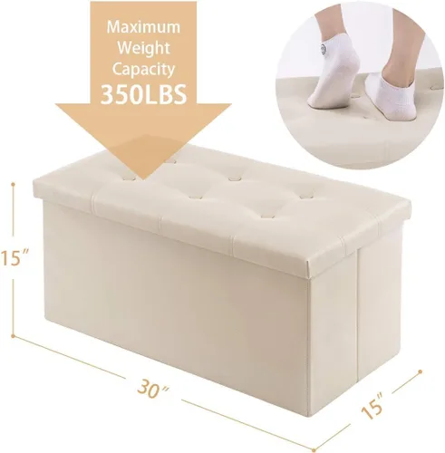 Vista 3 de YOUDENOVA Otomana plegable de almacenamiento, otomana de piel sintética, reposapiés otomano, asiento acolchado para dormitorio y sala de estar, Beige