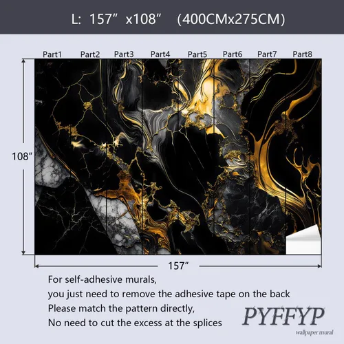 Vista 5 de Papel pintado abstracto de mármol negro y dorado Zz05