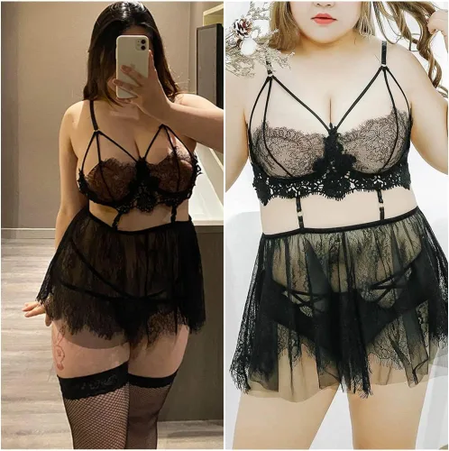Vista 3 de SPORCLO Lencería de talla grande para mujer, babydoll de encaje negro, sexy, de malla, cintura alta, camisón exótico con tiras