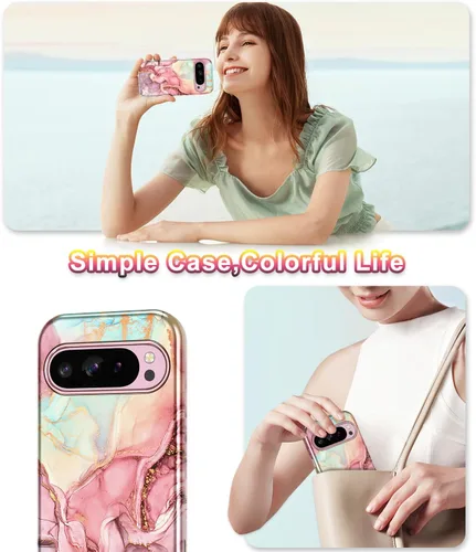 Vista 6 de Btscase Funda para Google Pixel 9 Pro XL 2024 [grado militar a prueba de golpes] elegante patrón de mármol delgado protector de 3 capas de Oro rosa