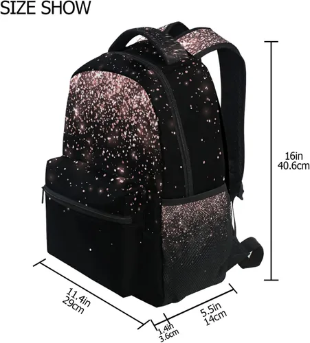 Vista 8 de Pfrewn Mochilas de oro rosa con purpurina negra para niñas, adolescentes y mujeres, mochila escolar para niños y estudiantes