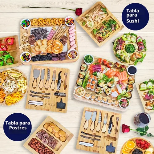 Vista 6 de Juego de tablas de charcutería – Tabla grande de queso de bambú y plato con accesorios de charcutería, regalos de inauguración de la casa