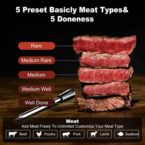 Vista 5 de Termómetro inalámbrico de carne para asar 4 sondas, termómetro digital Bluetooth remoto, súper estabilidad y precisión, termómetro eléctrico