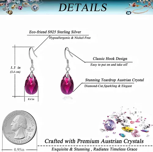 Vista 4 de Aretes colgantes de cristal austriaco con forma de lágrima para mujer, joyería hipoalergénica de plata de ley 925